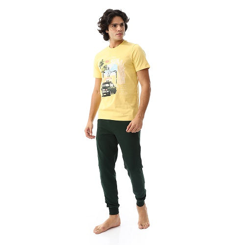 Men's summer pajama, Yellow T-shirt with Sun Design and dark Green Pants