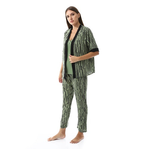 Set Of 3 Robe, Top & Pants Pajama Set for Women- Olive