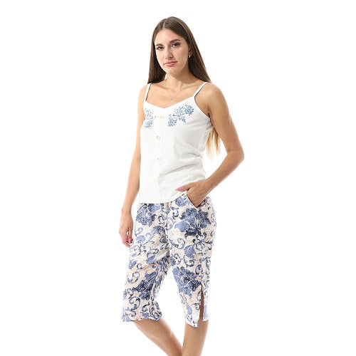 Women's Floral Print Pajama Set-Off white