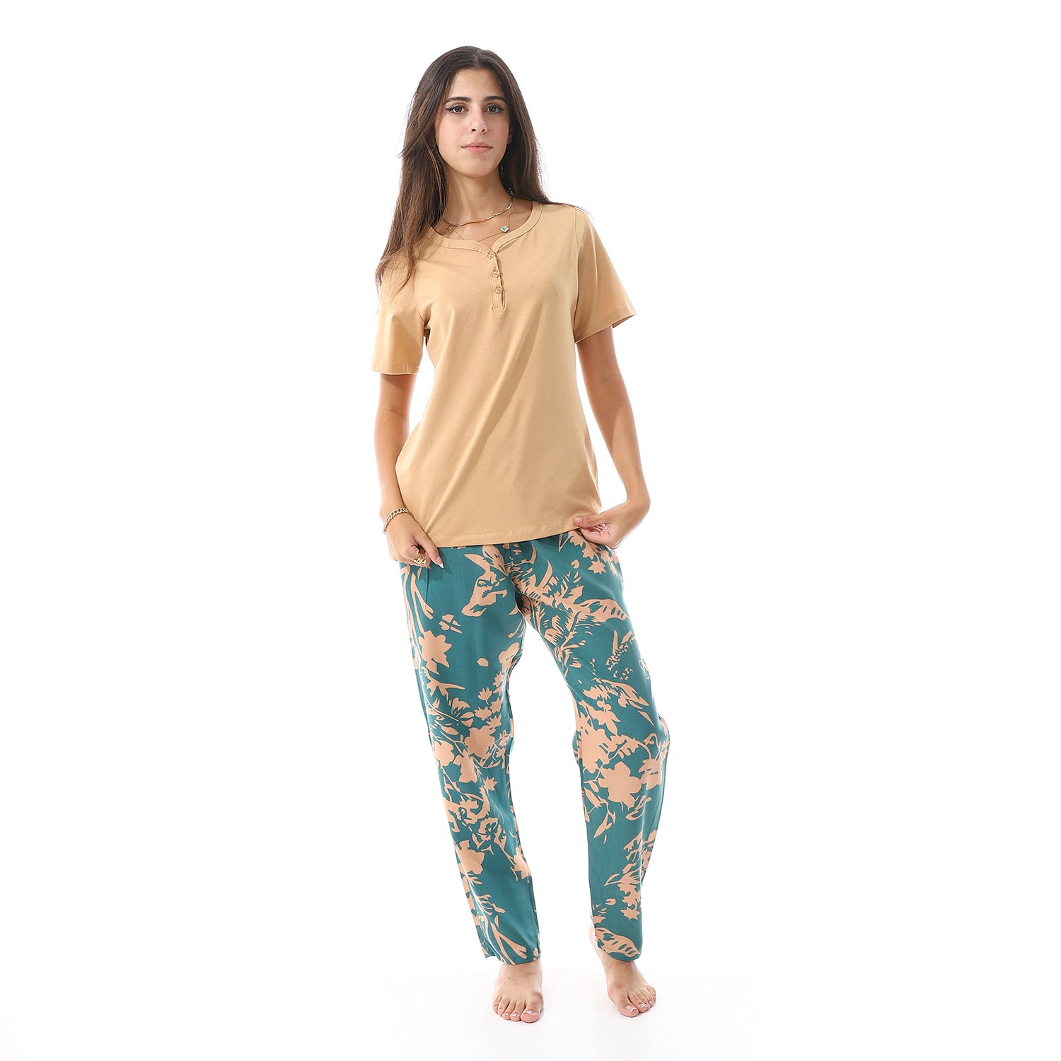 Women's summer pajama cotton T-shirt and viscose pants - Beige & Green