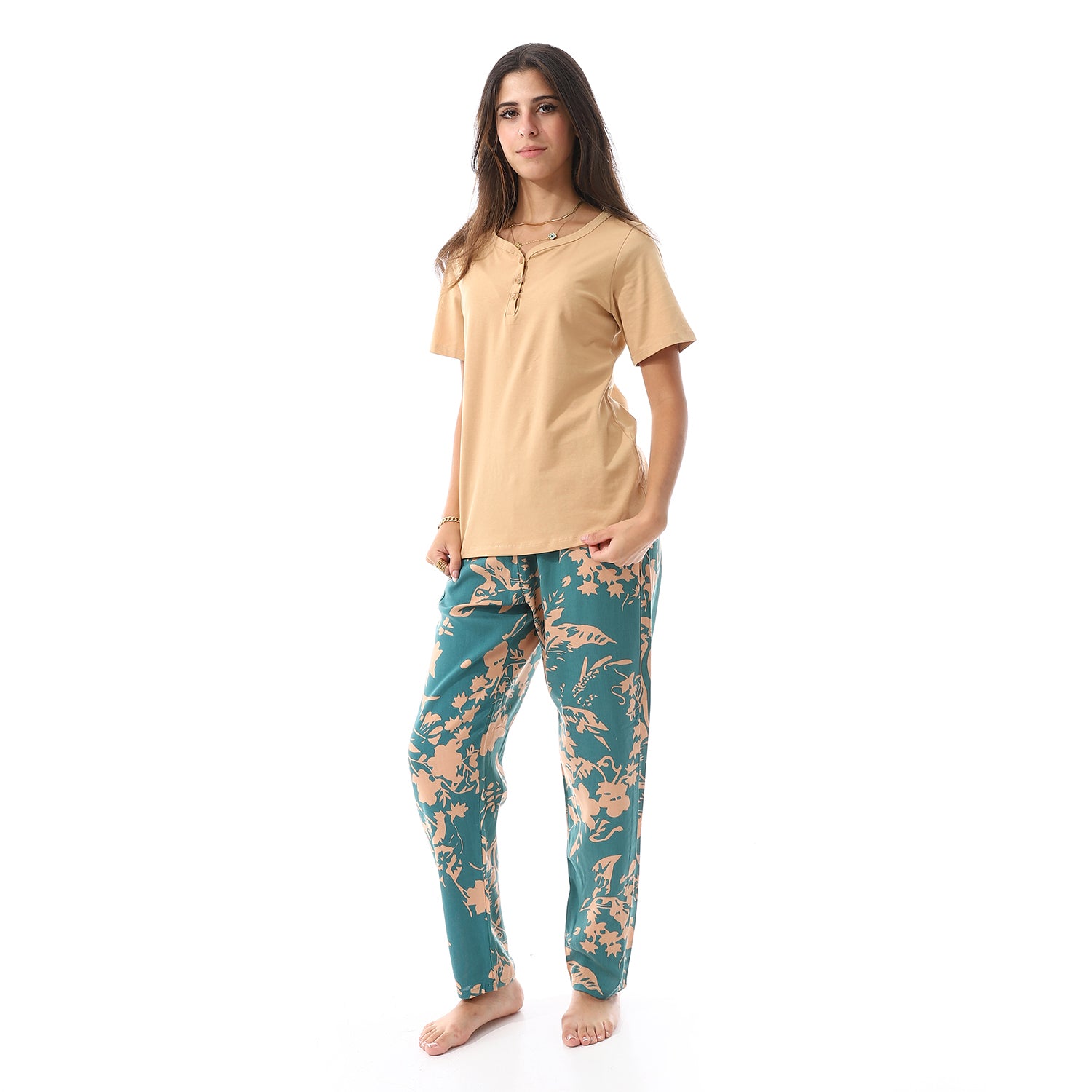 Women's summer pajama cotton T-shirt and viscose pants - Beige & Green