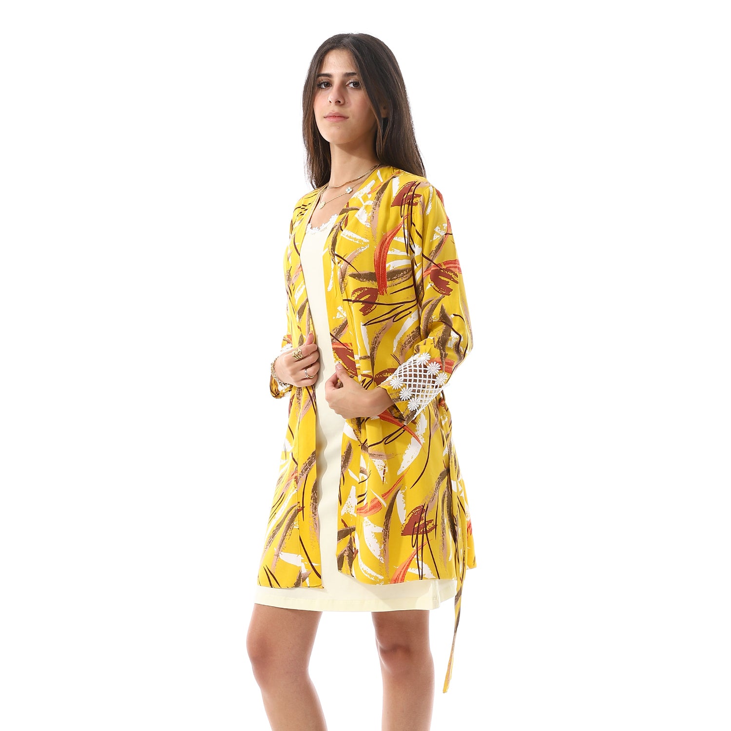 Yellow Solid Short Nightgown & Colorful Floral Robe Set