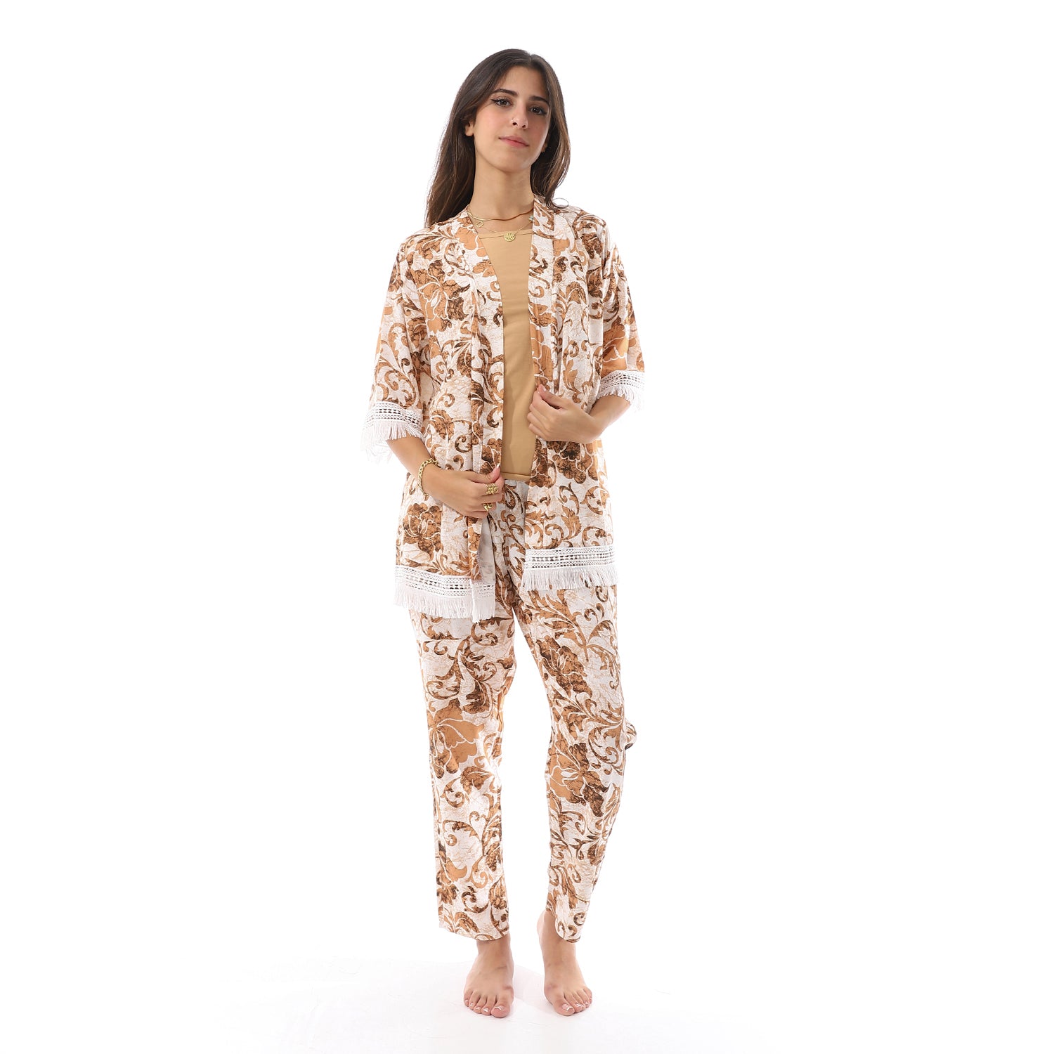 Set Of 3 Robe, Top & Pants Pajama Set for Women - Beige