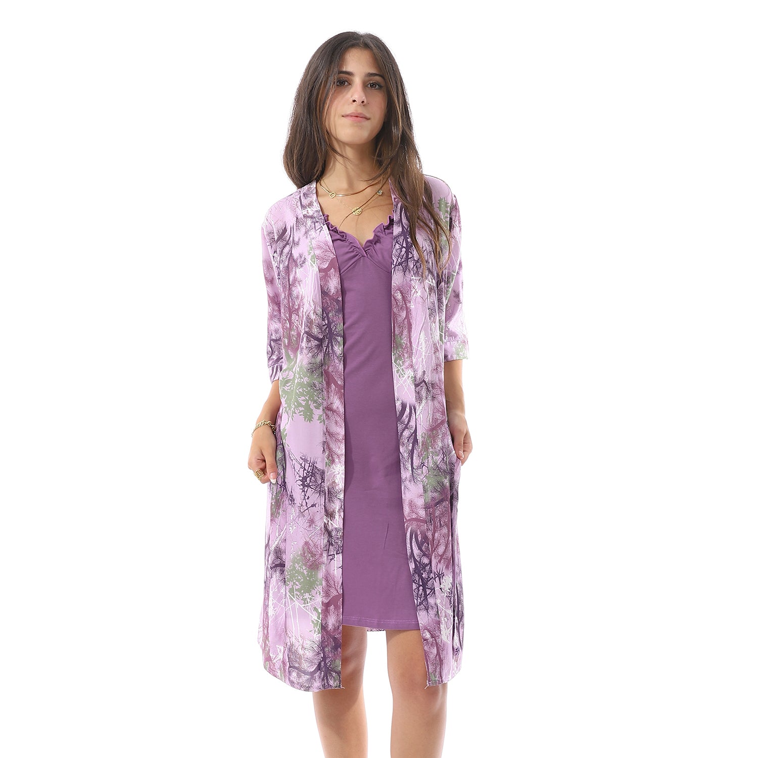 Purple Solid Short Nightgown & Colorful Floral Robe Set