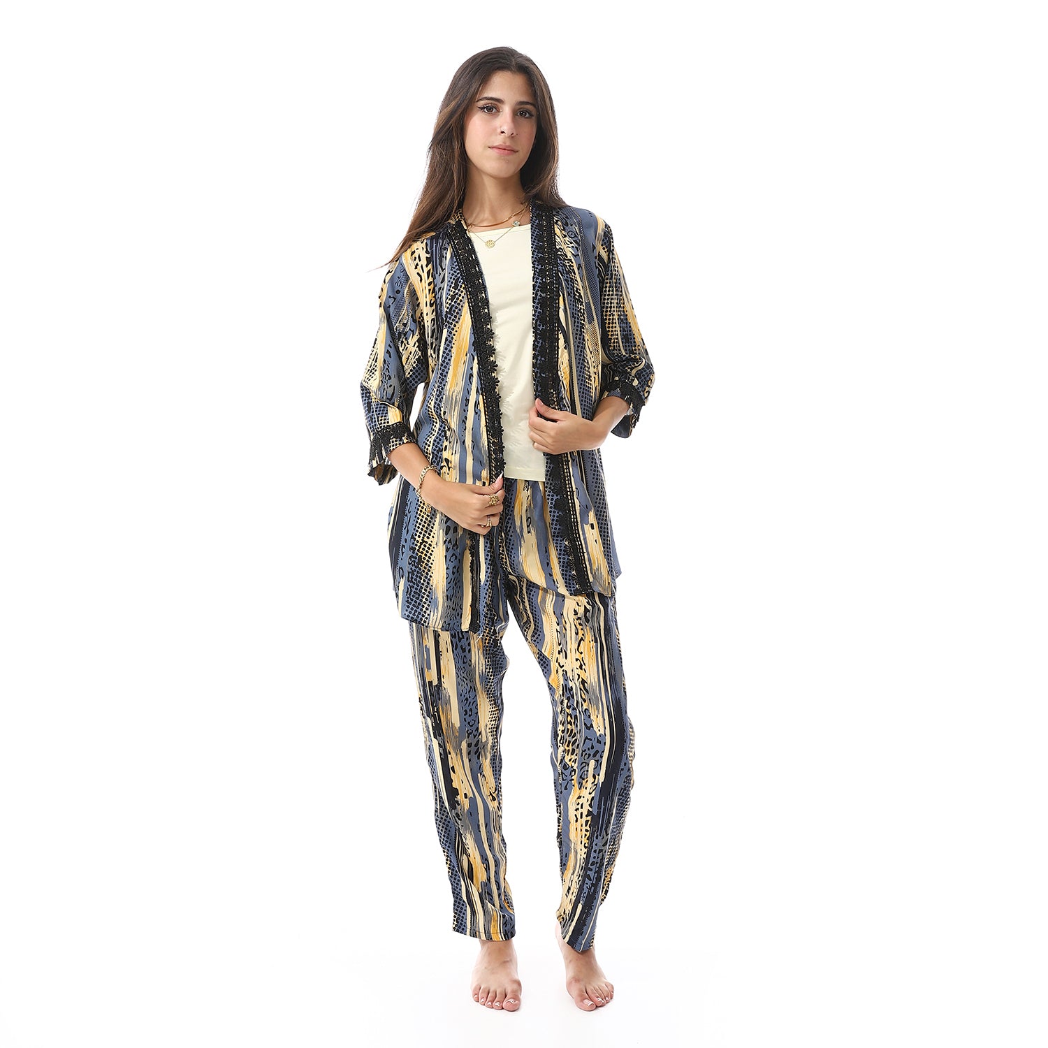 Set Of 3 Robe, Top & Pants Pajama Set for Women - Yellow