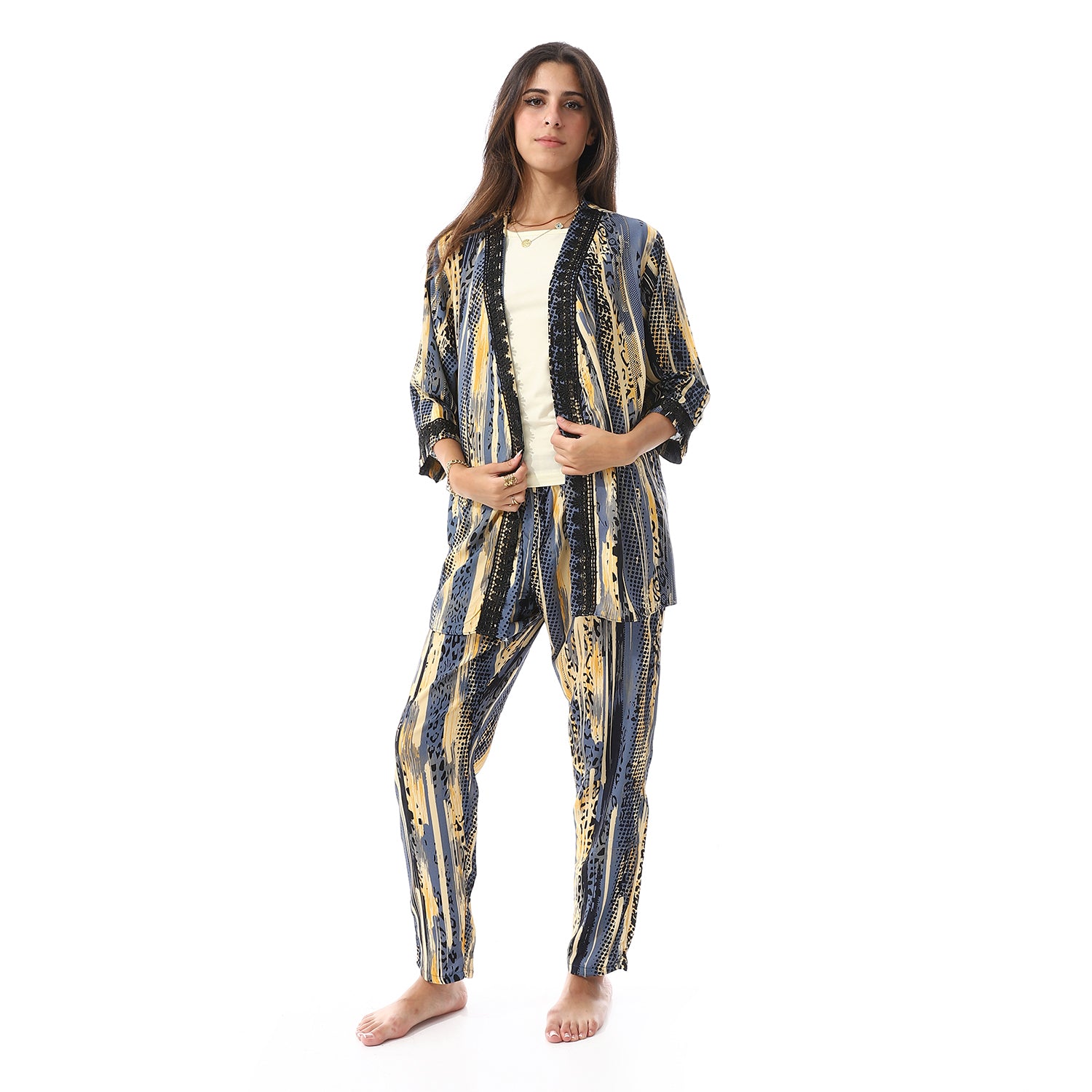 Set Of 3 Robe, Top & Pants Pajama Set for Women - Yellow