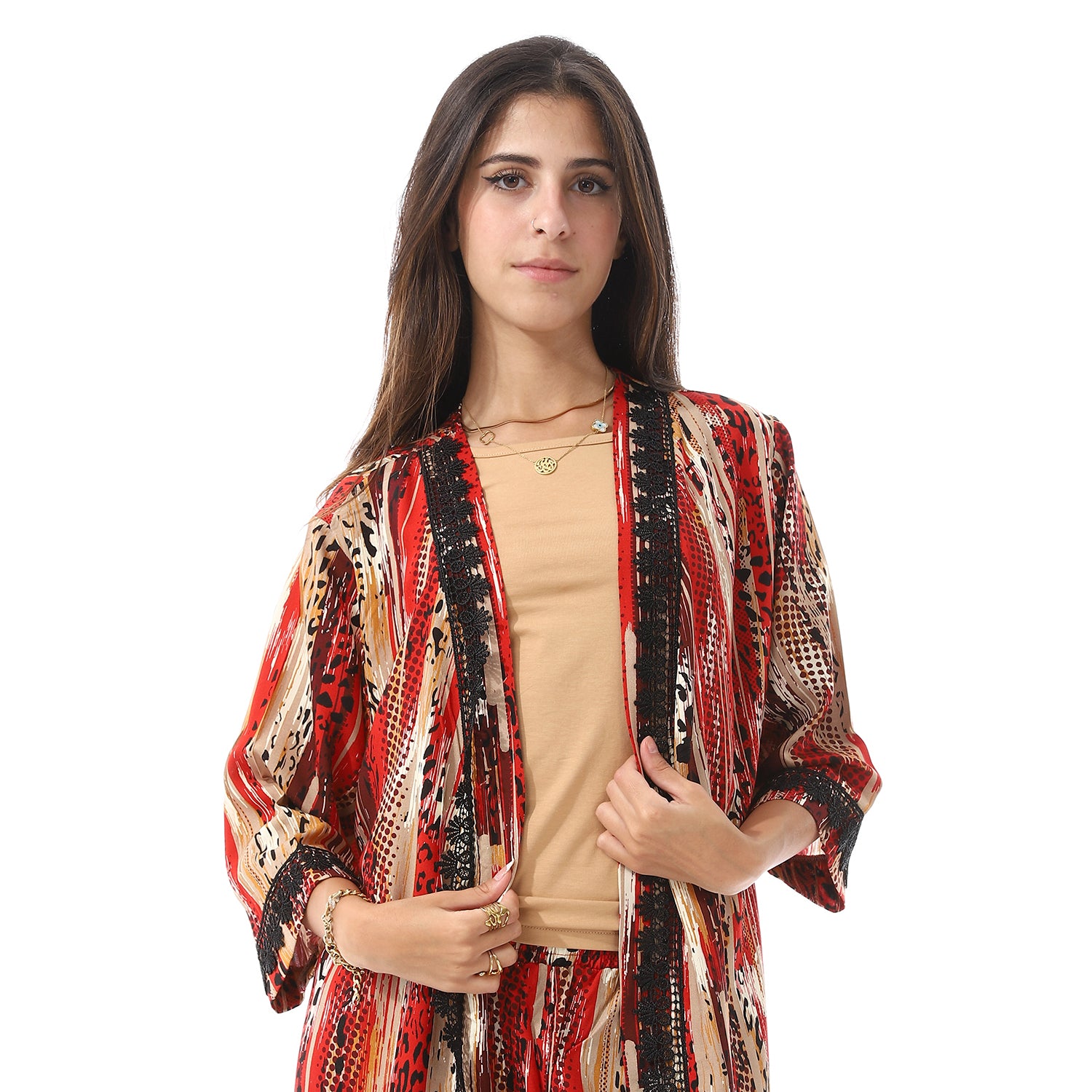 Set Of 3 Robe, Top & Pants Pajama Set for Women - Beige & Red