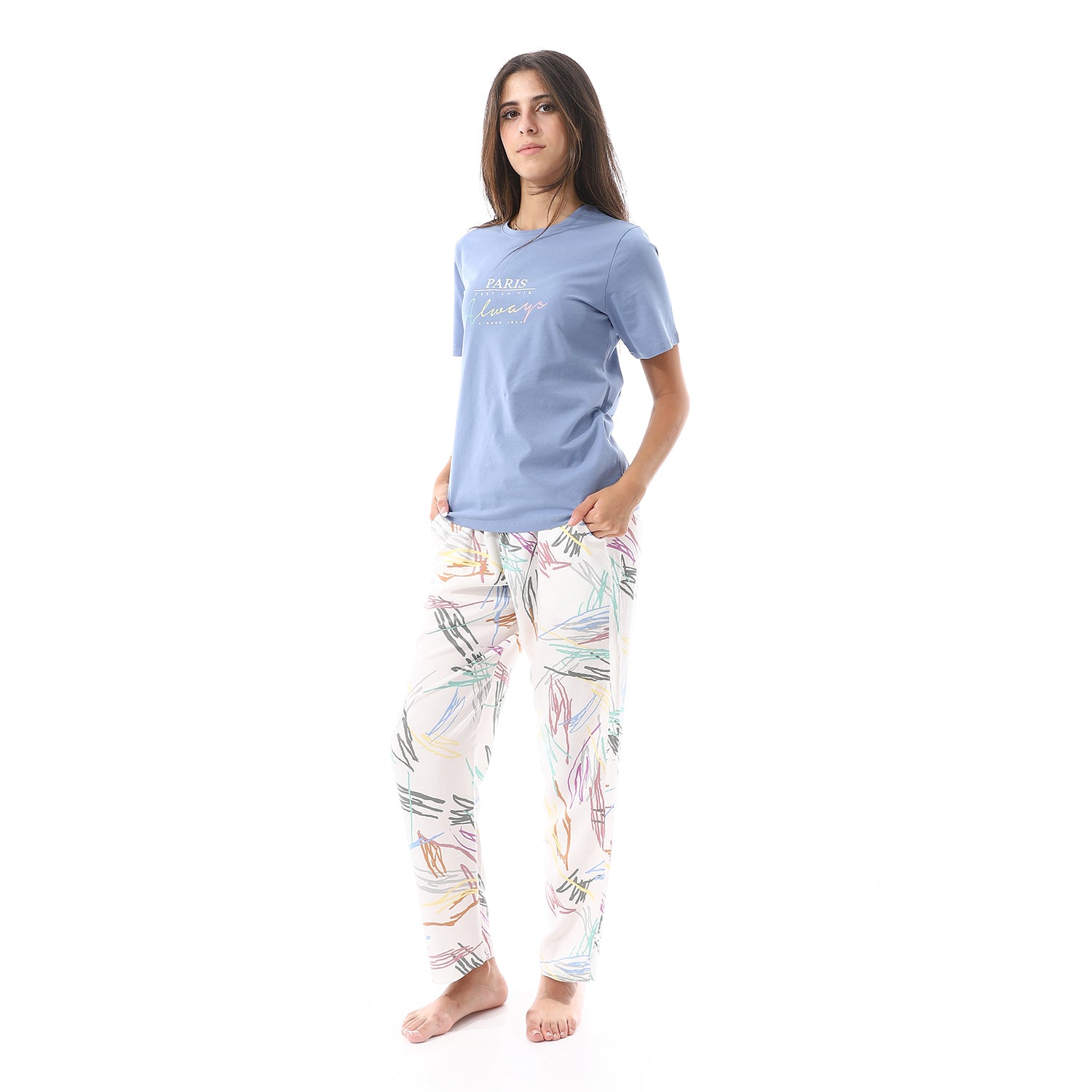 Women's summer pajama cotton T-shirt and viscose pants - Blue