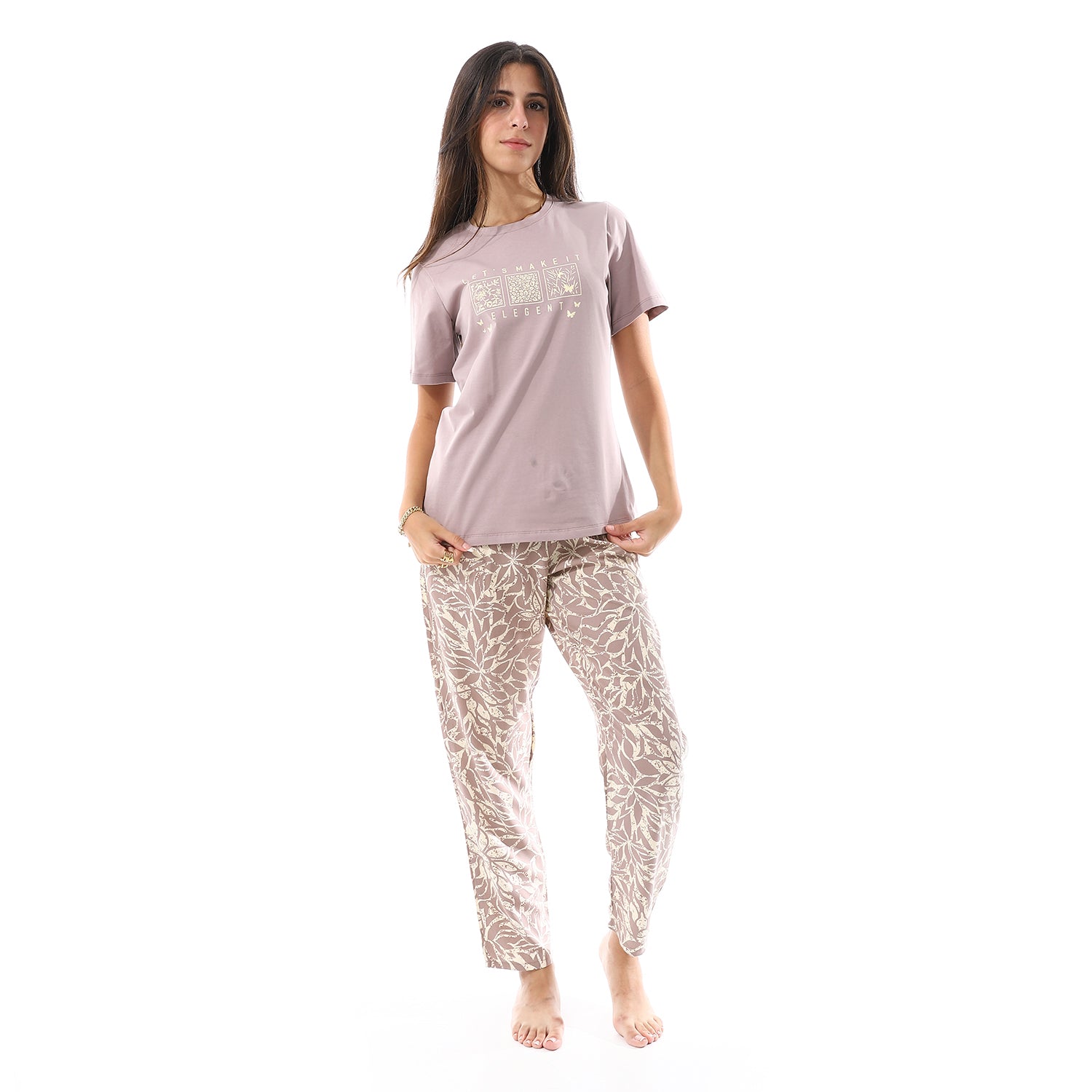 Women's summer pajama cotton T-shirt and viscose pants - Cafe