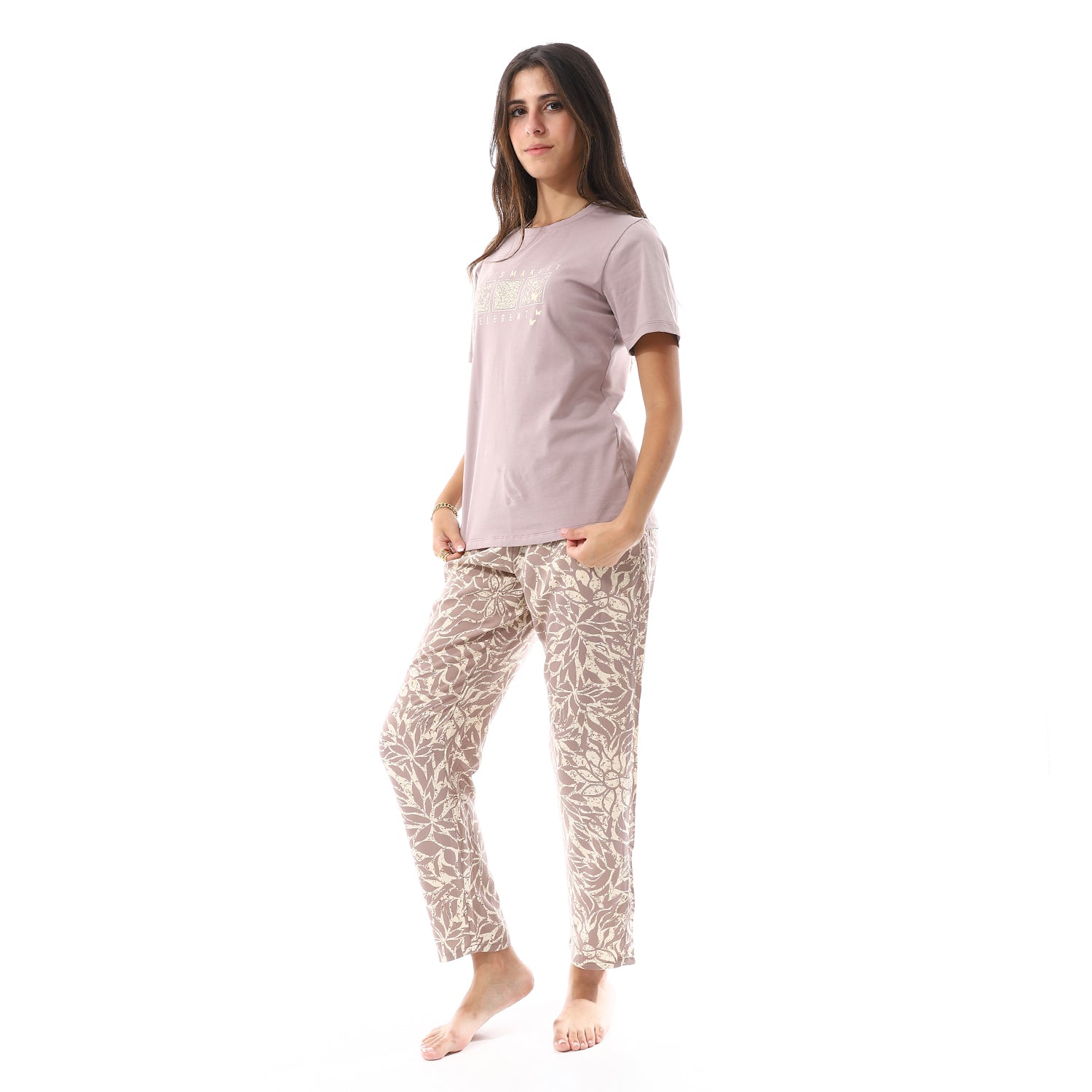 Women's summer pajama cotton T-shirt and viscose pants - Cafe