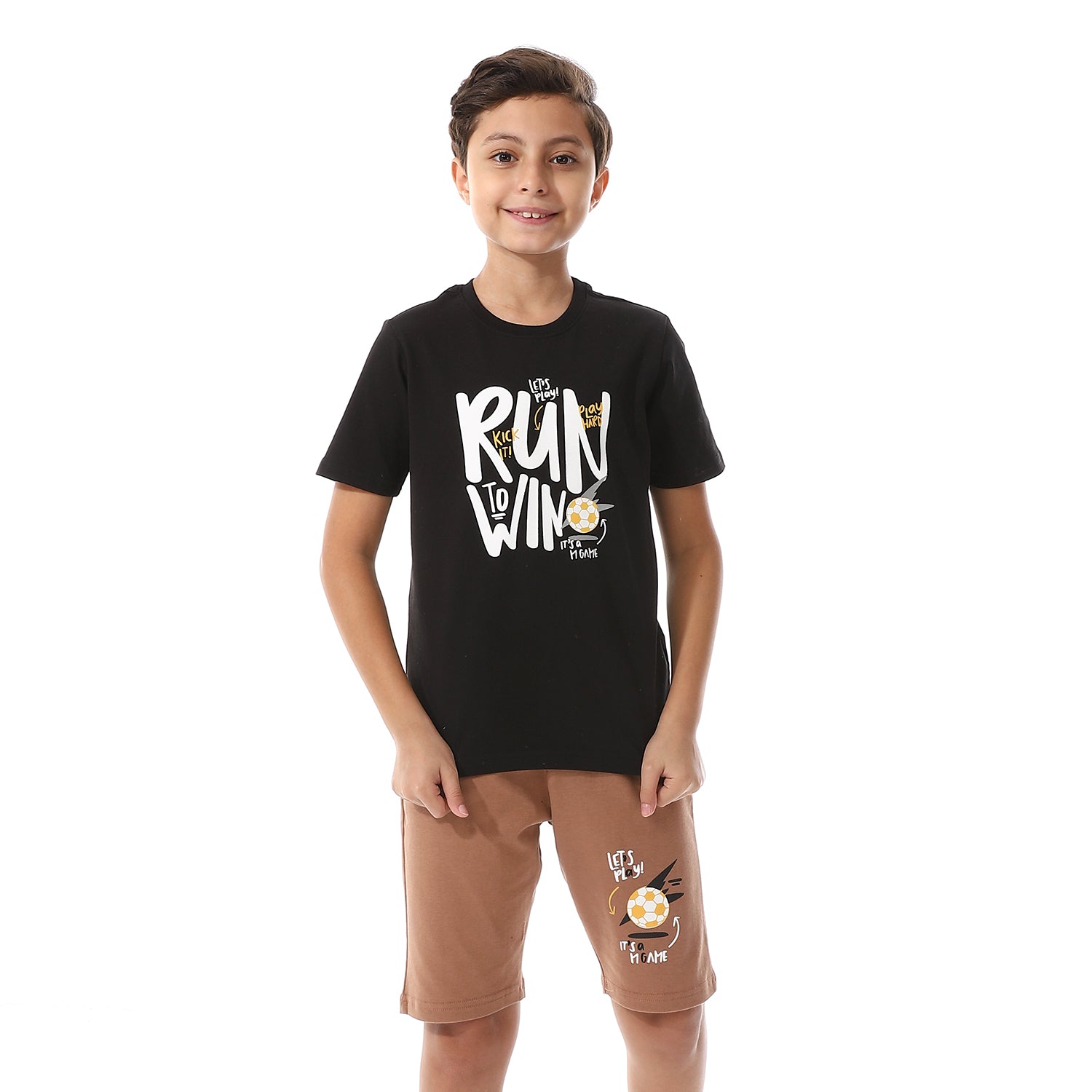 Boys Printed Colorful Summer & Shorts Pajama Set - Black & Cafe