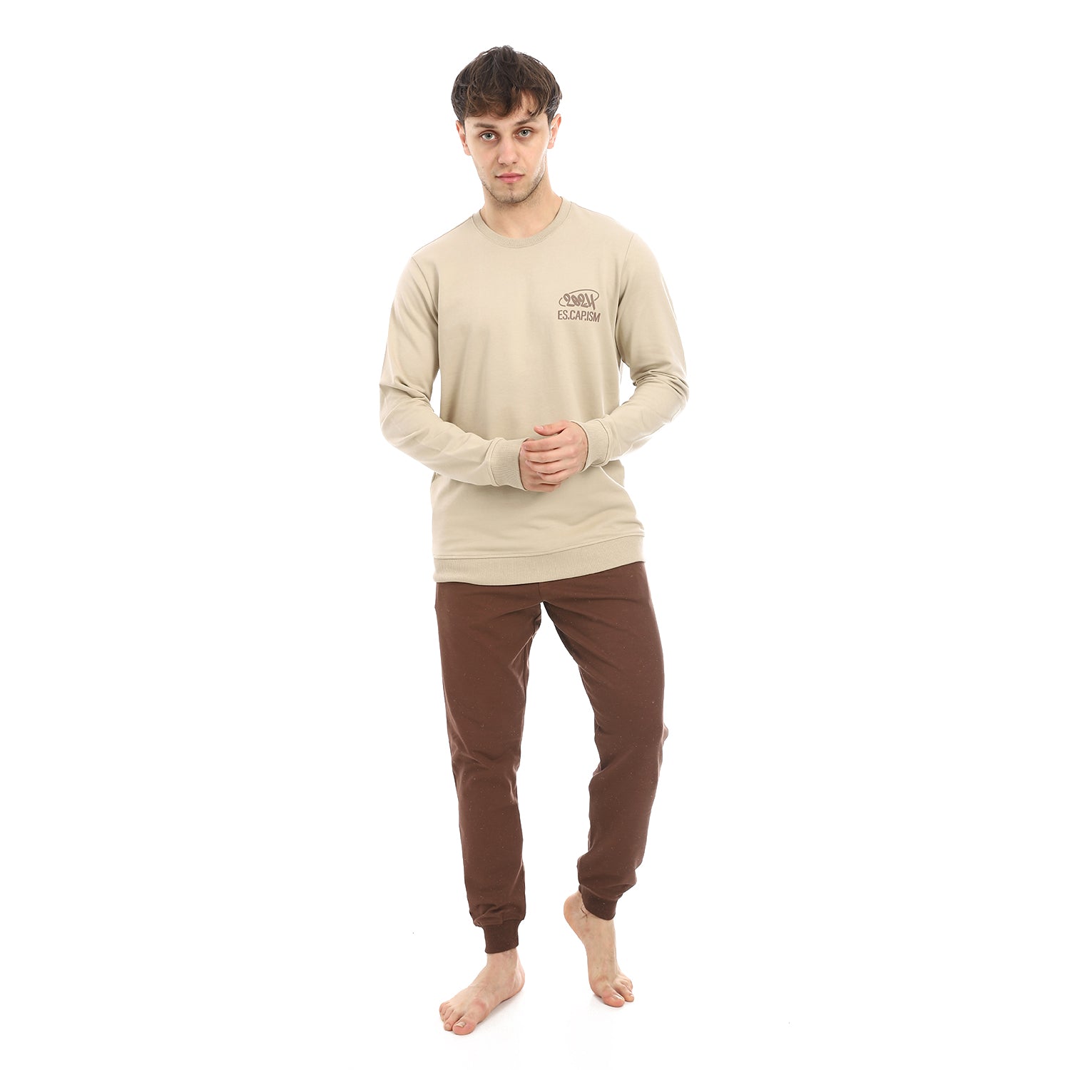 Men's Beige Sweatshirt & Brown Joggers Set - Casual & Comfortable