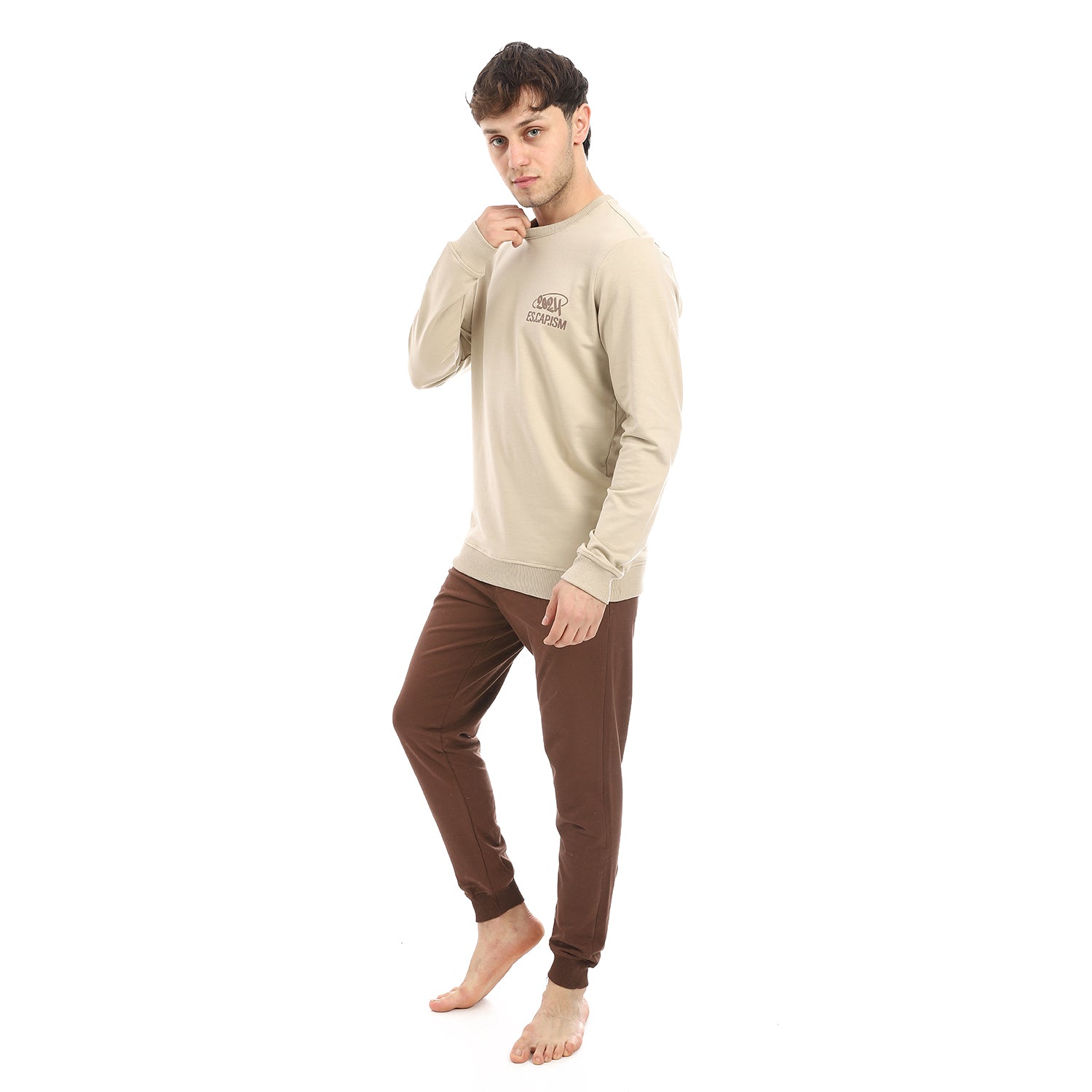 Men's Beige Sweatshirt & Brown Joggers Set - Casual & Comfortable