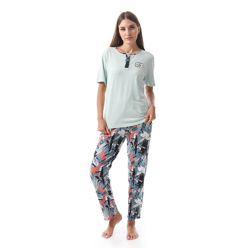 Red Cotton - Cotton Tee & Patterned Pants Pajama Set - mint