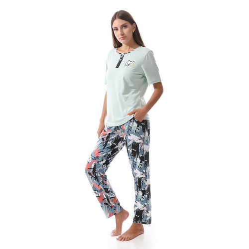 Red Cotton - Cotton Tee & Patterned Pants Pajama Set - mint