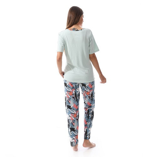 Red Cotton - Cotton Tee & Patterned Pants Pajama Set - mint