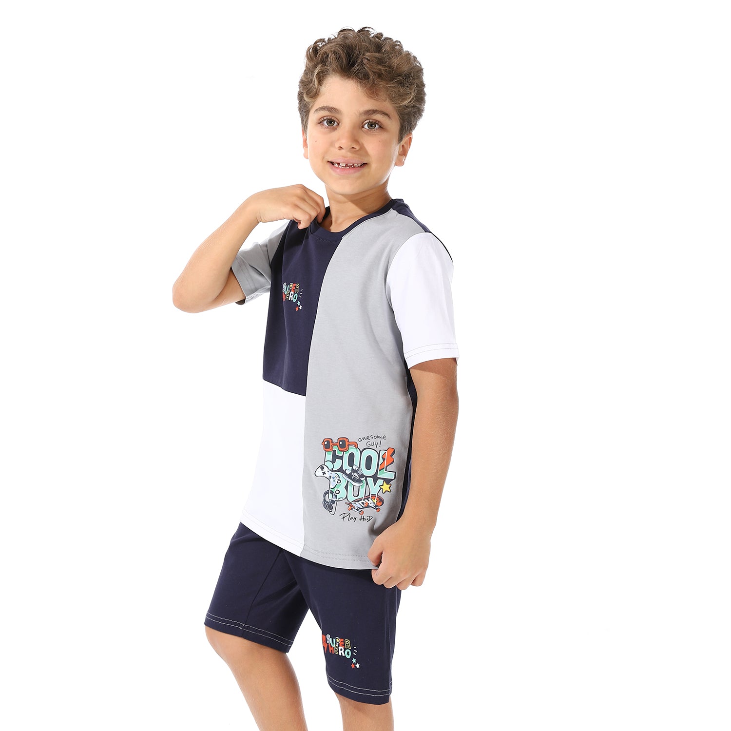 Boys Printed Wonderful Tee & Shorts Pajama Set - Navy