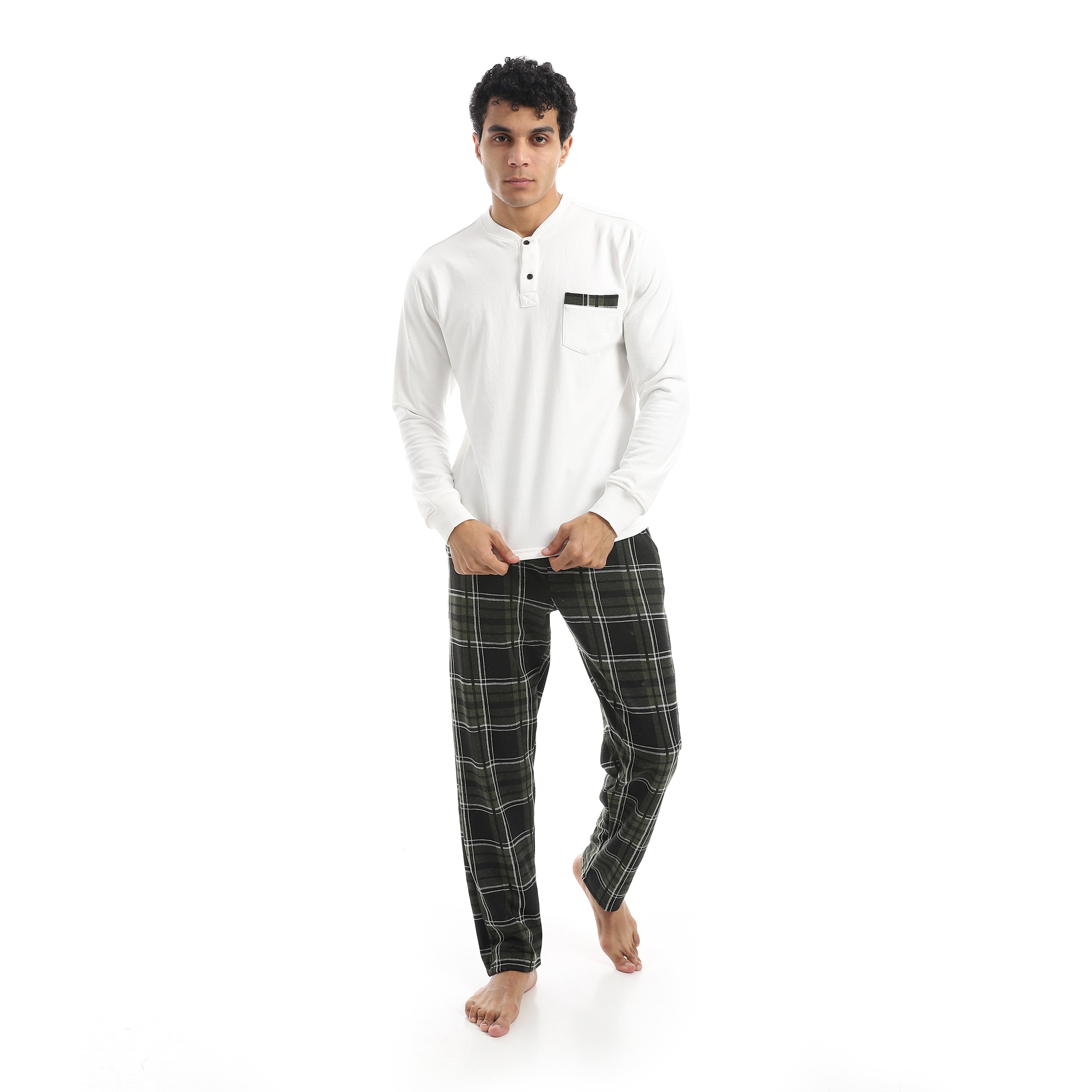 Classic Men’s Pajama Set – Long Sleeve Top & Check Pants - Red cotton