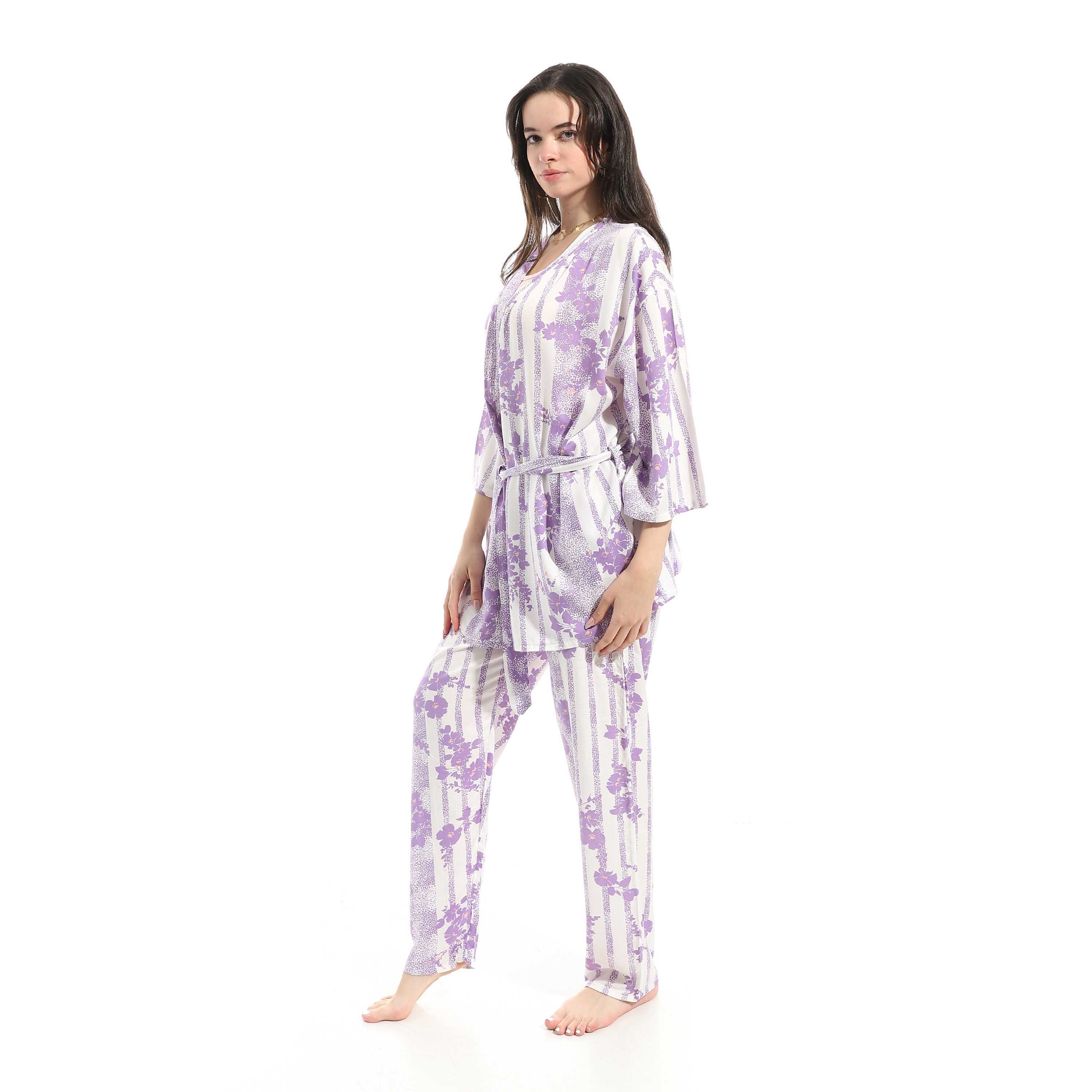 3-Piece Purple Cotton Pajama Set for Women