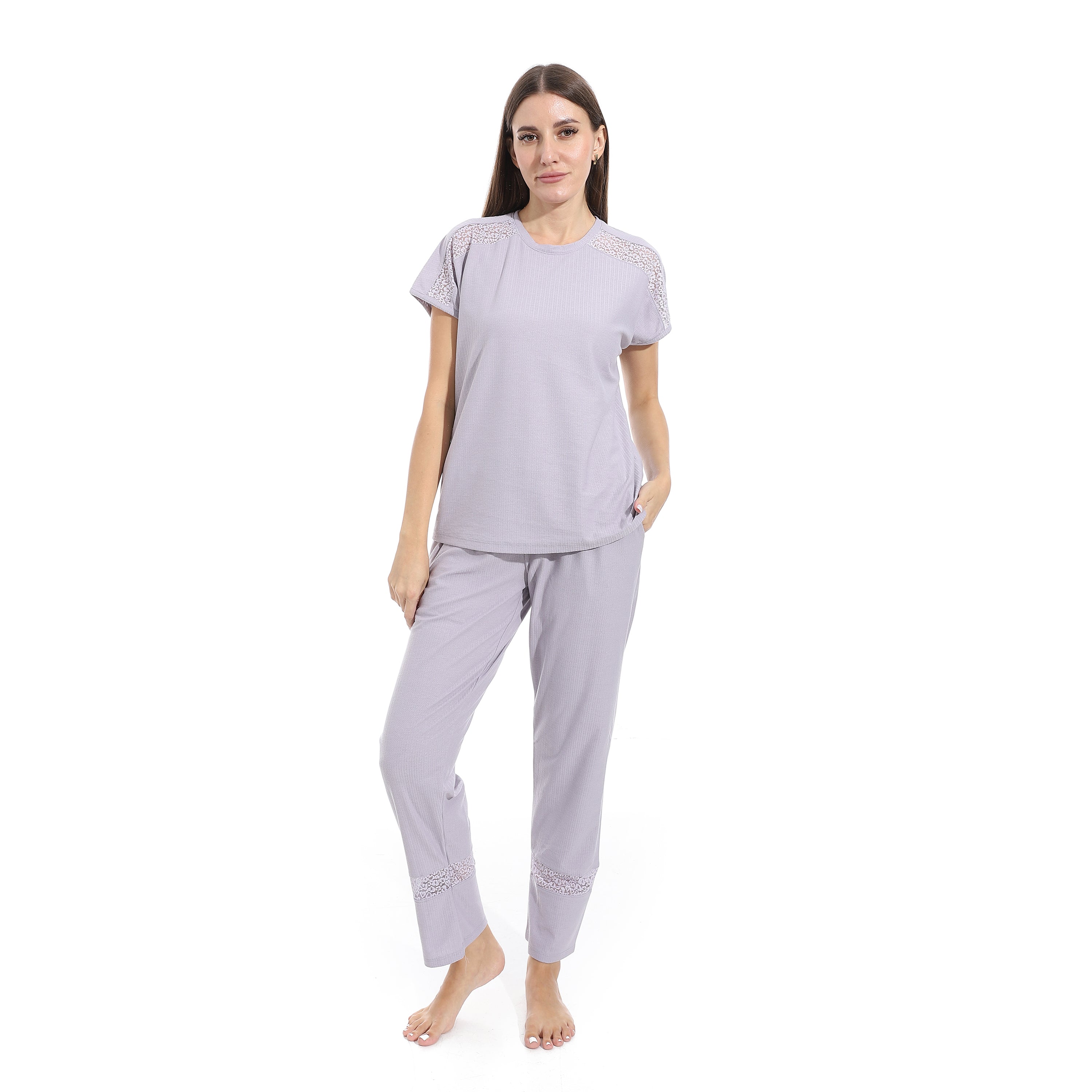 Elegant Summer Jacquard Pajama Set with Lace Detailing - Lavender
