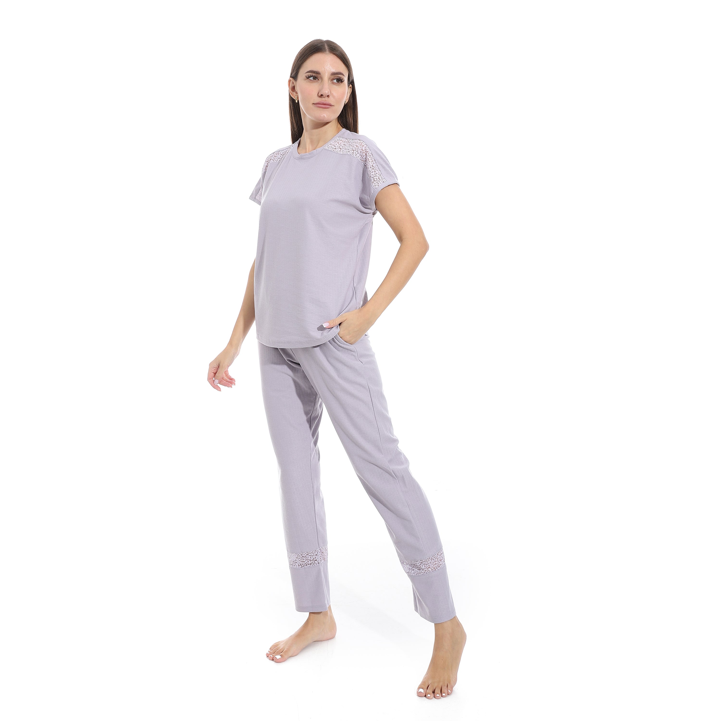 Elegant Summer Jacquard Pajama Set with Lace Detailing - Lavender