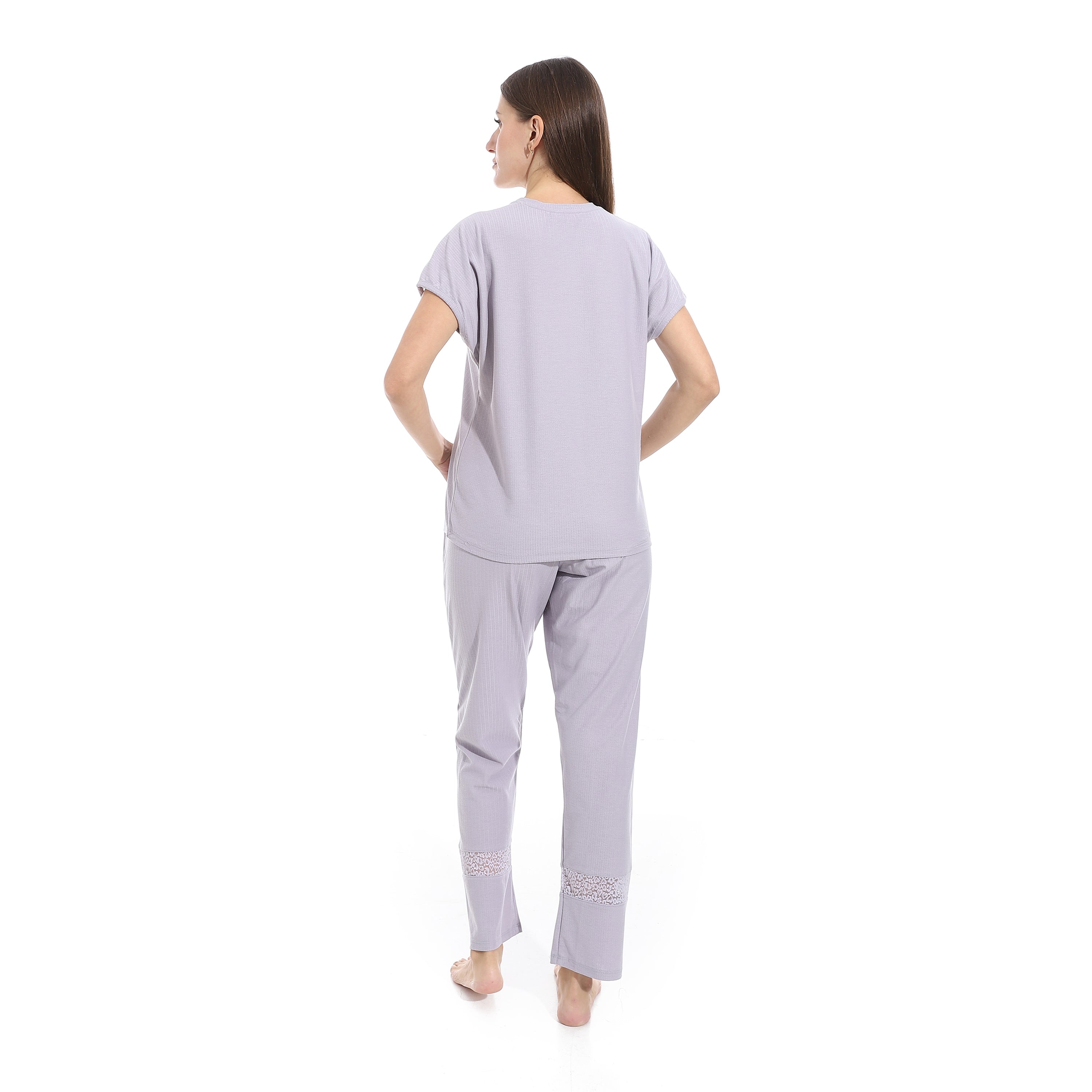 Elegant Summer Jacquard Pajama Set with Lace Detailing - Lavender