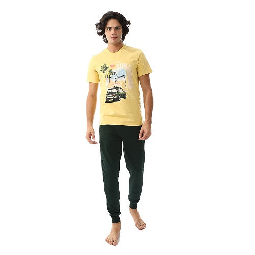 Mens summer pajama, Yellow T-shirt with Sun Design and dark Green Pants