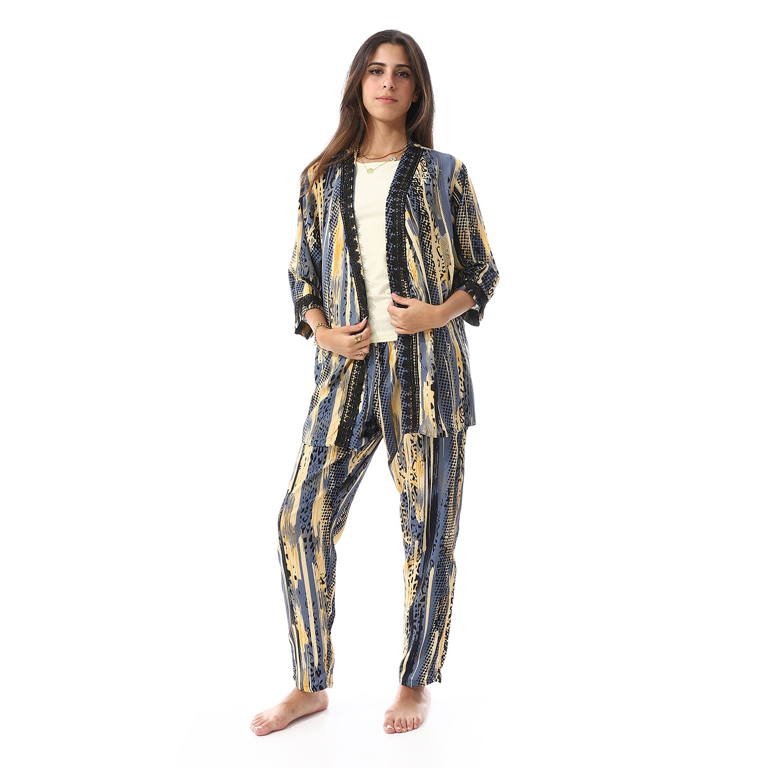 Set Of 3 Robe, Top & Pants Pajama Set For Women - Yellow