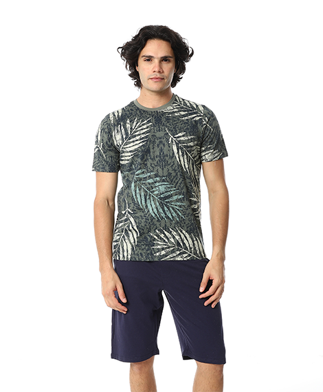 Olive Palm Leaves Tee & Solid Navy Shorts Pajama Set