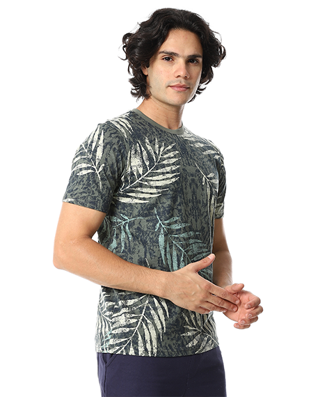 Olive Palm Leaves Tee & Solid Navy Shorts Pajama Set