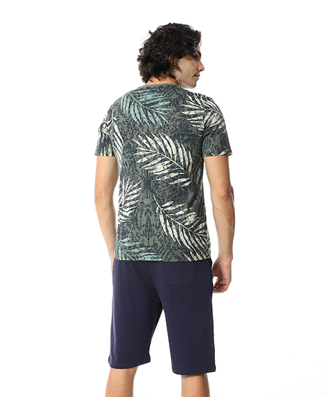 Olive Palm Leaves Tee & Solid Navy Shorts Pajama Set