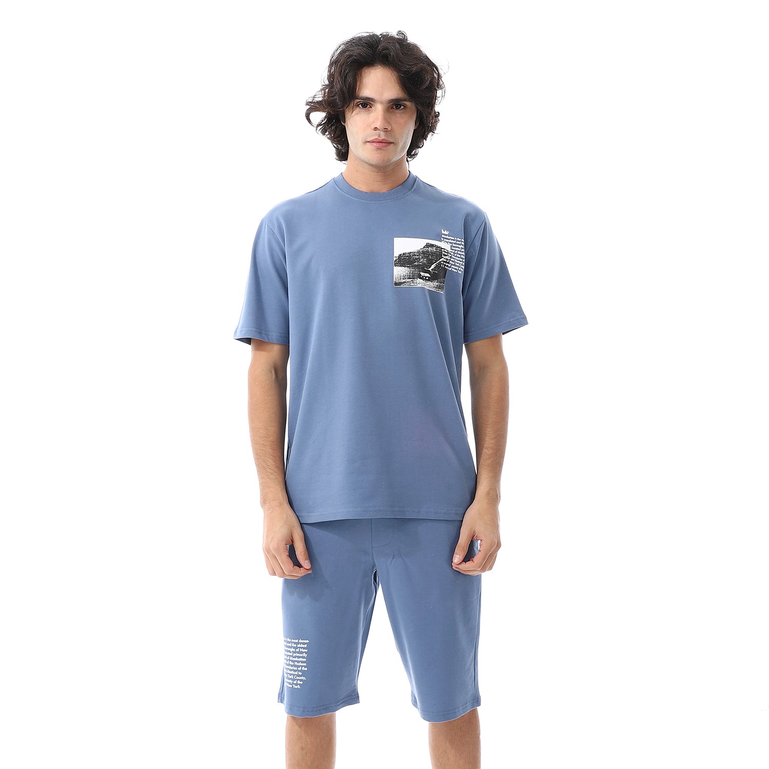 Mens pajama set with printed - Denim blue