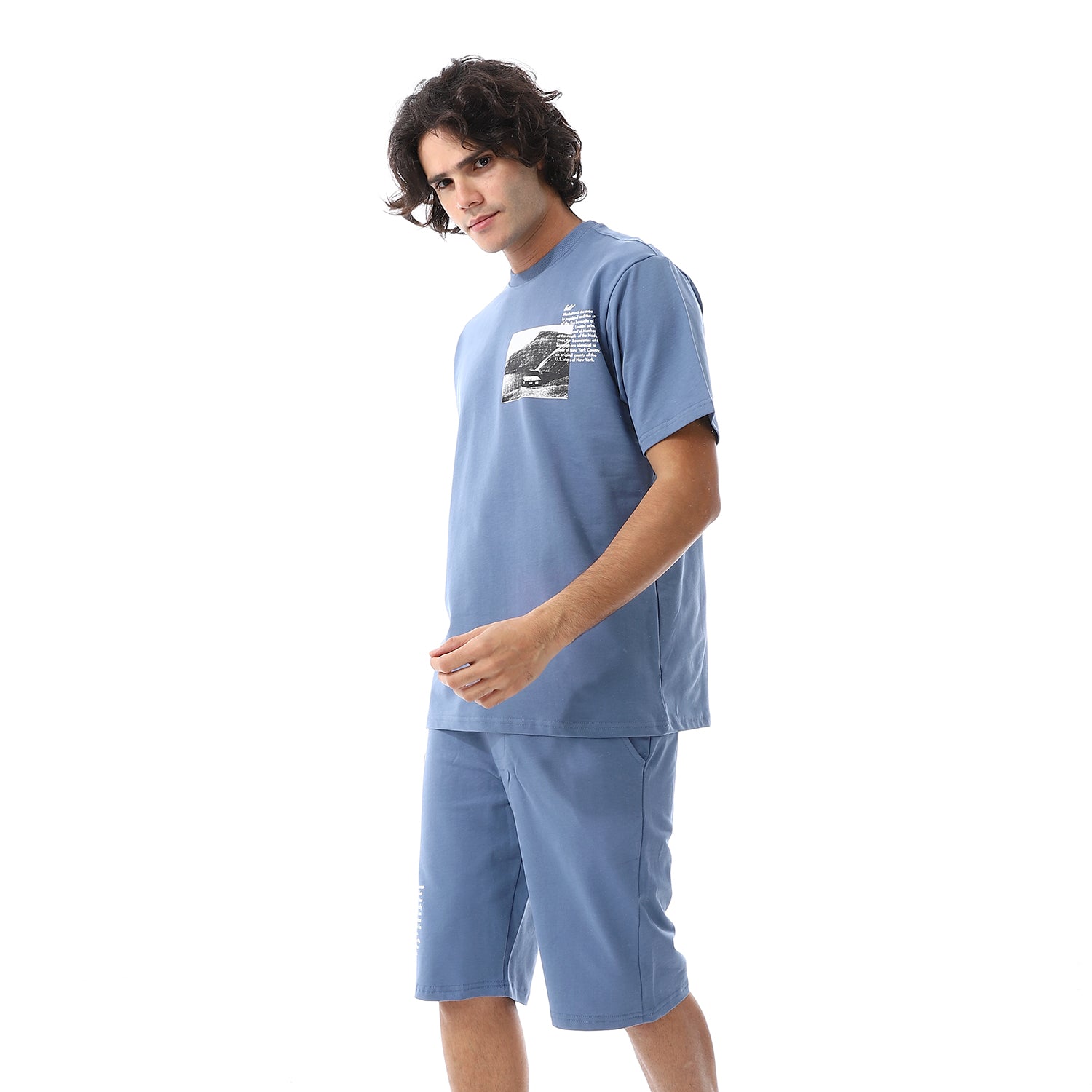 Mens pajama set with printed - Denim blue