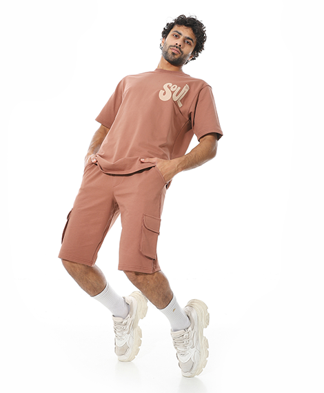Men's Set Casual Cargo Shorts Set – Print T-Shirt - Brown