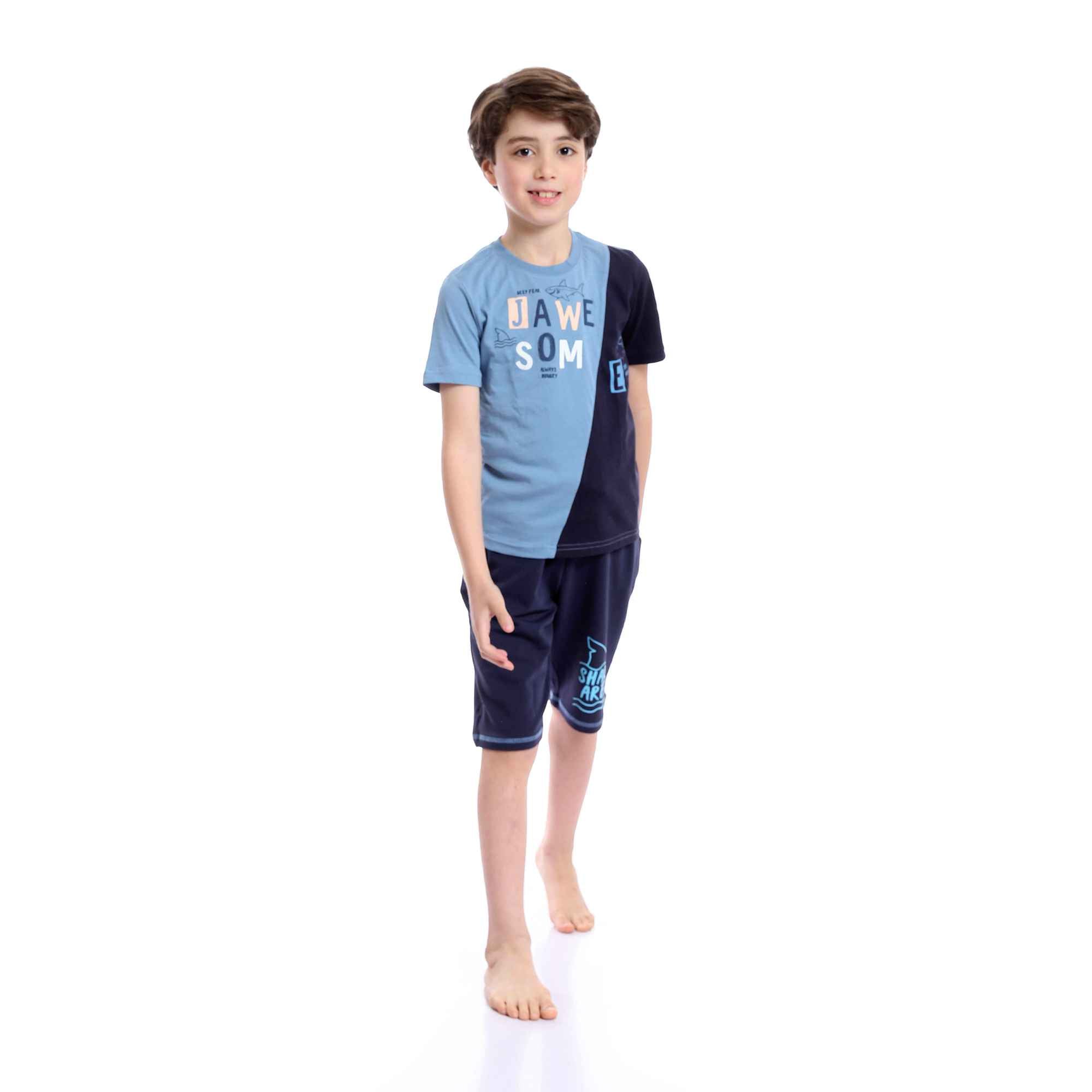 Boys Summer Cotton Tee & Shorts Pajama Set - Baby Blue & Navy Blue