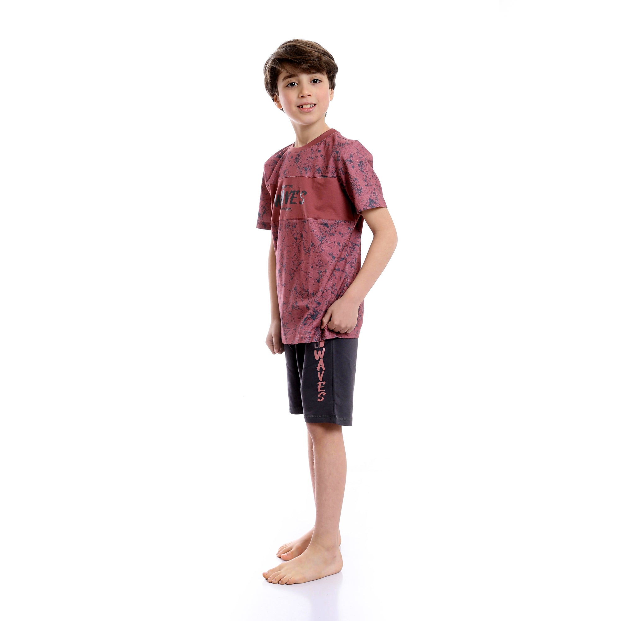 Printed Round Neck Tee & Shorts Pajama Set - Burgundy & Grey