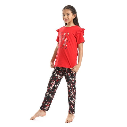 Girls Ruffled Shoulders & Patterned Pants Pajama Set - Red