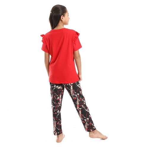 Girls Ruffled Shoulders & Patterned Pants Pajama Set - Red