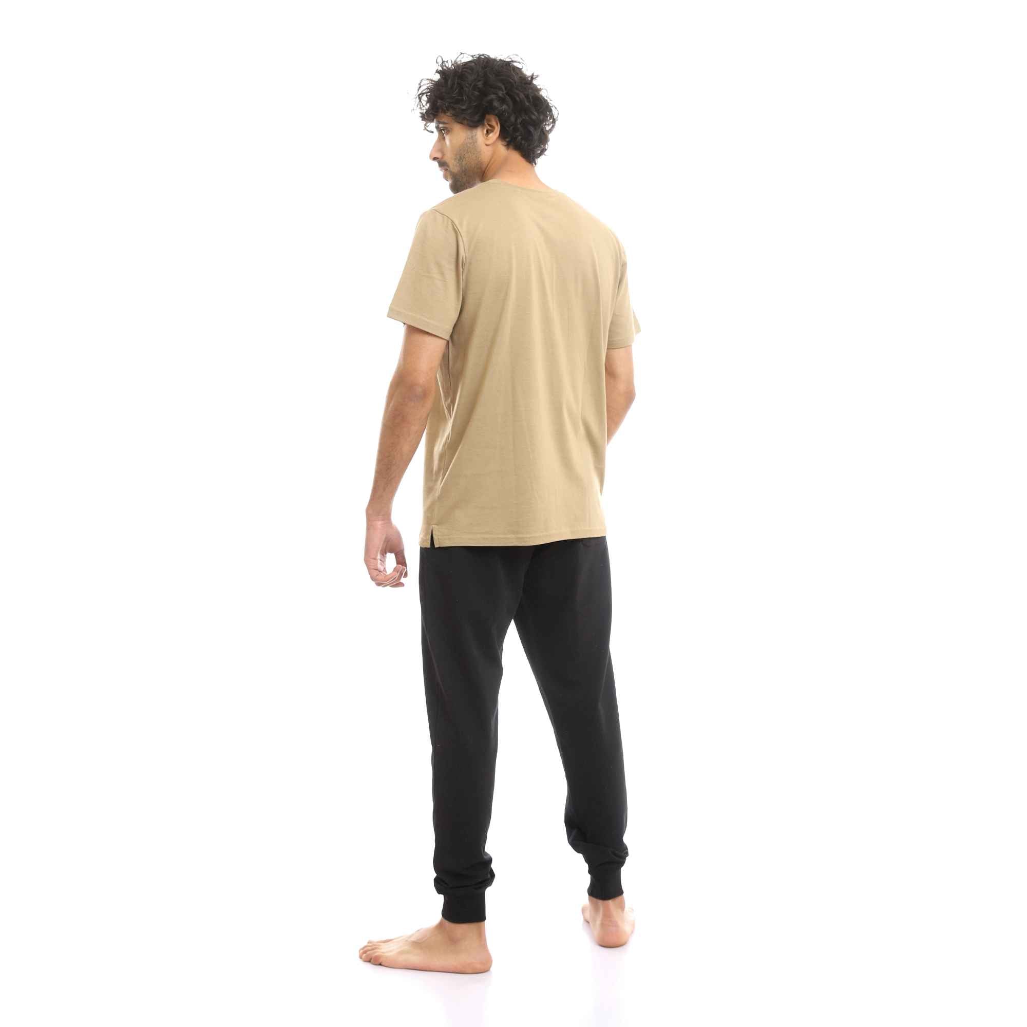 Men Buttoned Coffee Henley Shirt & Black Pants Pajama Set - Cafe