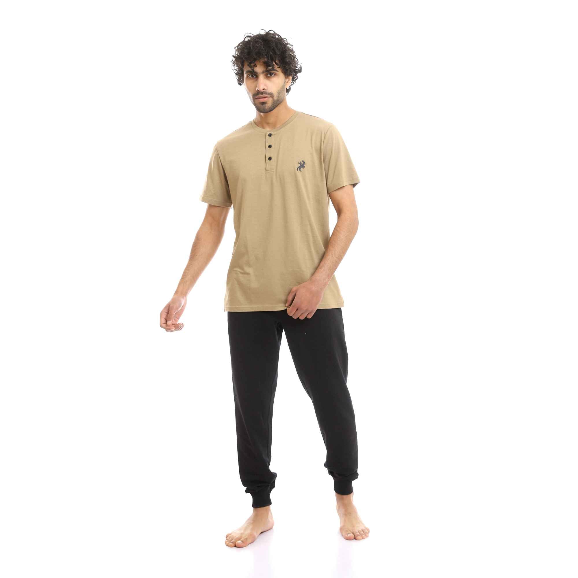 Men Buttoned Coffee Henley Shirt & Black Pants Pajama Set - Cafe