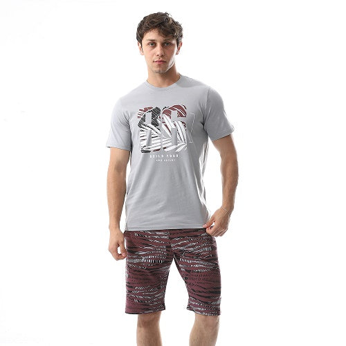 Printed Comfy T-Shirt & Palm Leaves Shorts Pajama Set for Men - Grey & Dark Red