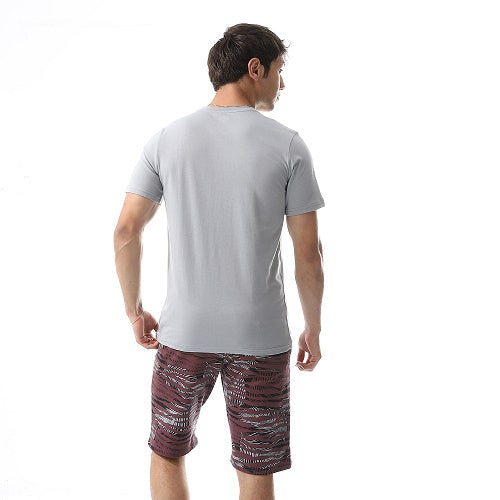 Printed Comfy T-Shirt & Palm Leaves Shorts Pajama Set for Men - Grey & Dark Red