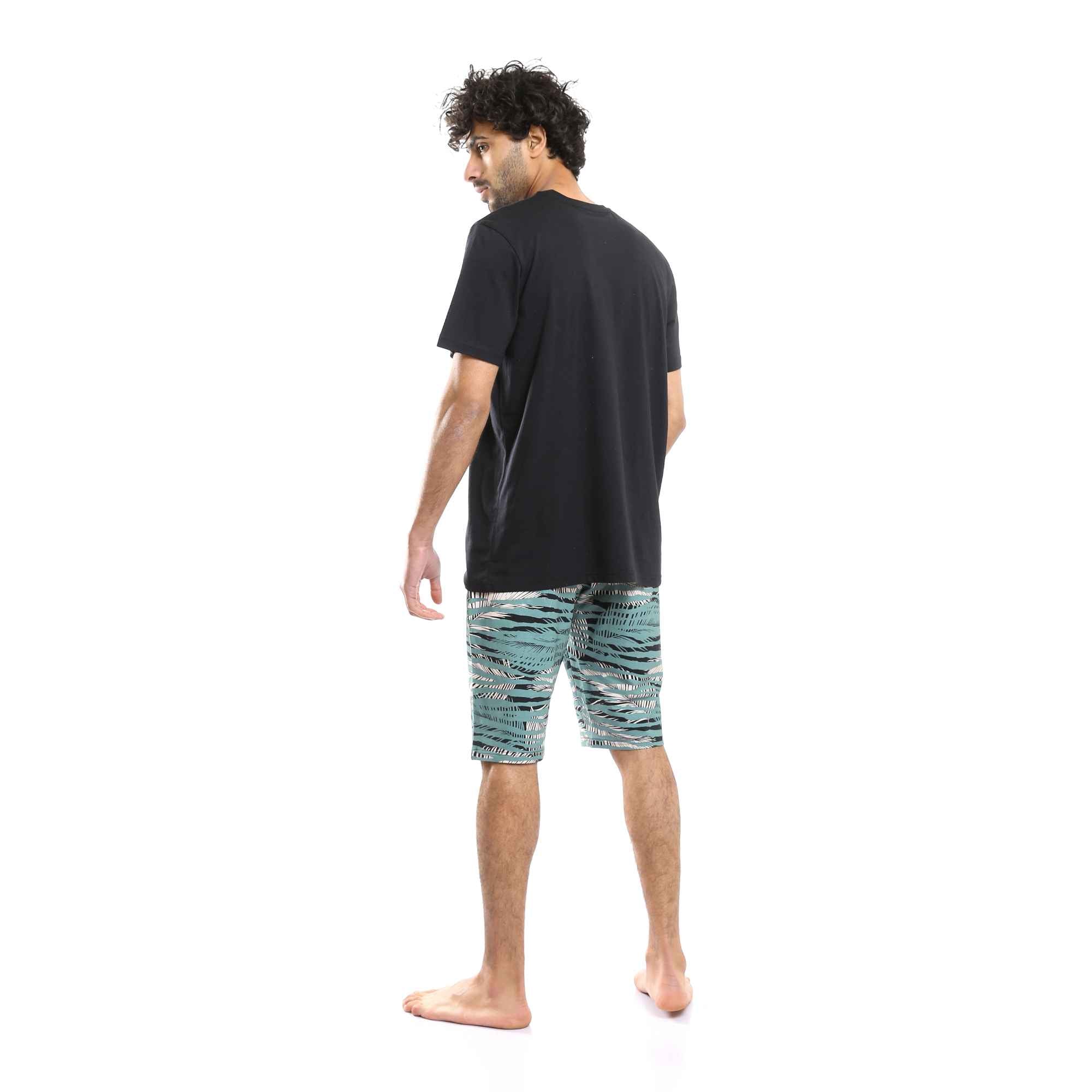 Printed Comfy T-Shirt & Palm Leaves Shorts Pajama Set for Men - Black & Olive