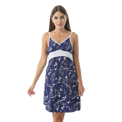 Deep V-Neck Patterned Slip On Nightgown for Women - Navy