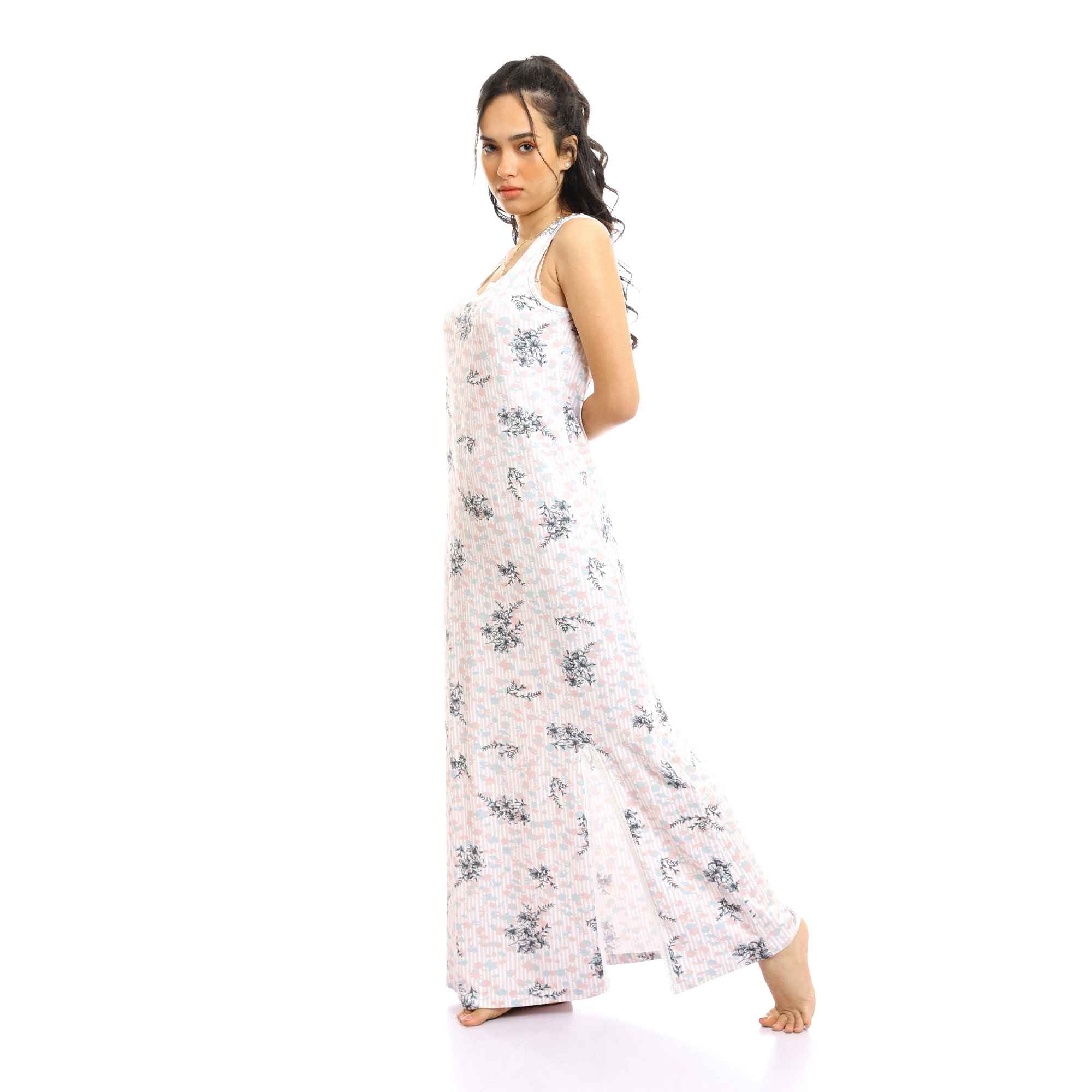 Floral & Striped Long Nightgown with Side Slit - Cashmeir