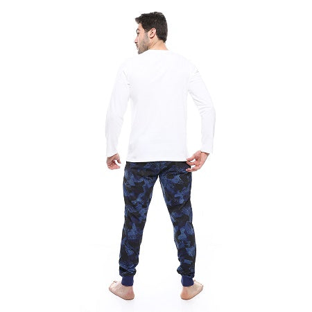 Men's summer pajamas with long sleeves, a white printed T-shirt and navy blue pants