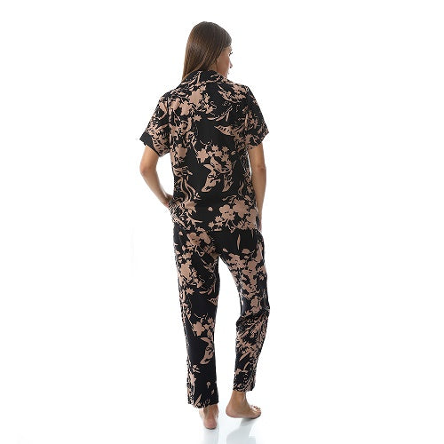 Women's Summer Viscose Classic Elegant Floral Pajamas, Comfortable Sleepwear - Black