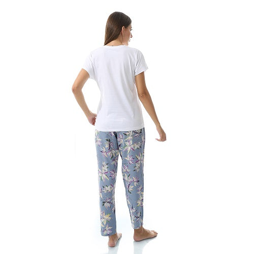 Womens Summer Sleepwear Set: T-Shirt & Floral Pajama Pant