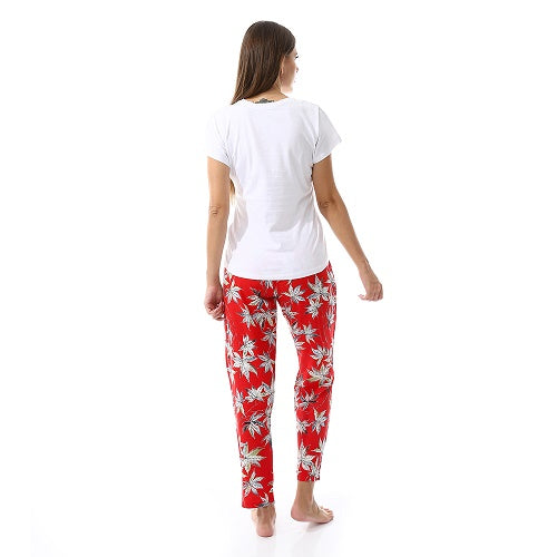 Women's Summer Sleepwear Set - Comfy Short Sleeve T-Shirt and Floral Viscose Pajama Pants