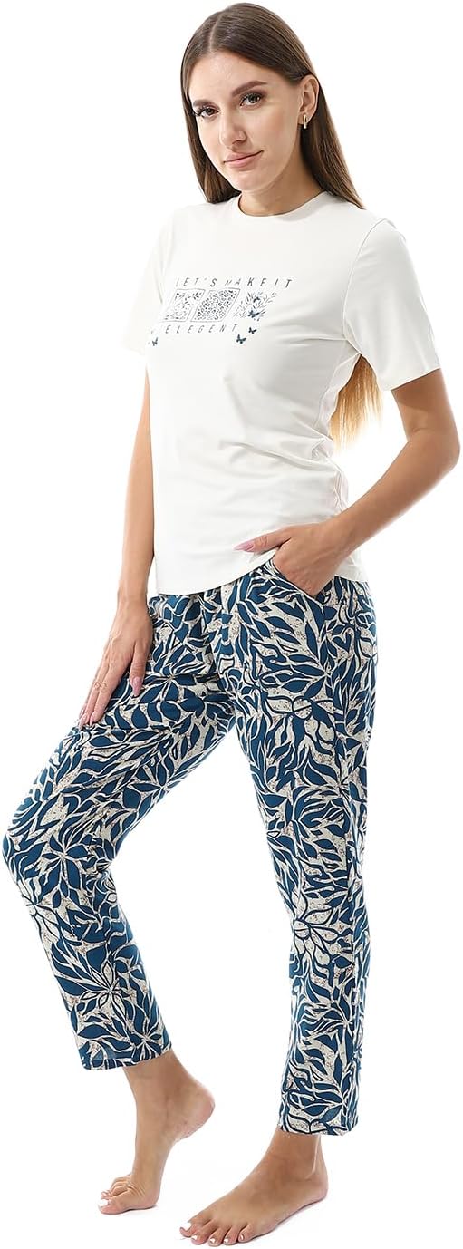 Women's summer pajama cotton T-shirt and viscose pants - Genzary